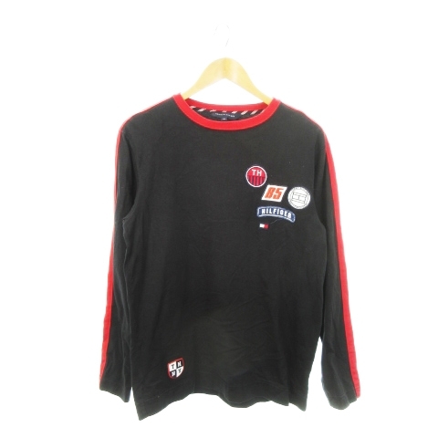 トミーヒルフィガー TOMMY HILFIGER ロンT Tシャツ カットソー ラウンドネック 丸首 長袖 ワッペン プリント ロゴ M 黒 ブラック拍卖