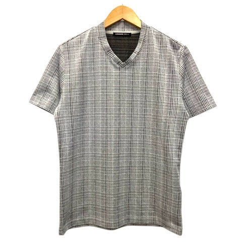 ハイダウェイ ニコル HIDEAWAYS Tシャツ カットソー Vネック 千鳥格子 半袖 46 黒 ブラック メンズ拍卖