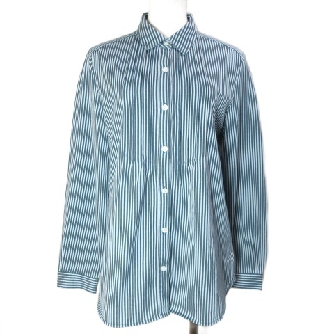 ミッシェルクラン MICHEL KLEIN 美品 ストレッチジャージシャツ FOBJS02110 長袖 ストライプ タック 40 L相当 グリーン ホワイト X拍卖