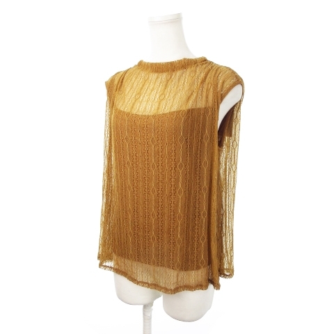 未使用品 アズールバイマウジー AZUL by moussy ノースリーブブラウス ハイネック プルオーバー フリル 総レース ストレッチ S 茶拍卖