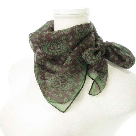 ジョルジオアルマーニ GIORGIO ARMANI スカーフ シアー スクエア 大判 シルク 絹 総柄 緑 グリーン /MN4 ■GY18 レディース拍卖