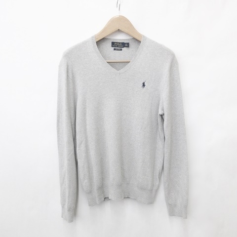 ポロ ラルフローレン POLO RALPH LAUREN セーター ニット 長袖 Vネック ロゴ 綿 コットン グレー S メンズ拍卖