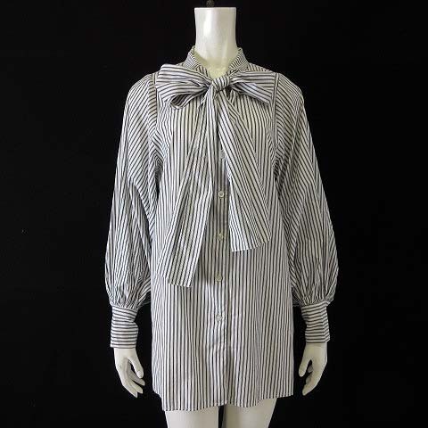 ヘザー Heather シャツ ブラウス ストライプ リボン ボウタイ スキッパー ボリュームスリーブ 長袖 L 白 ホワイト グレー レディース拍卖