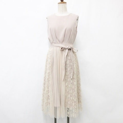 インタープラネット INTERPLANET ワンピース ひざ丈 ノースリーブ レース リボン ベージュ ピンクベージュ F レディース拍卖