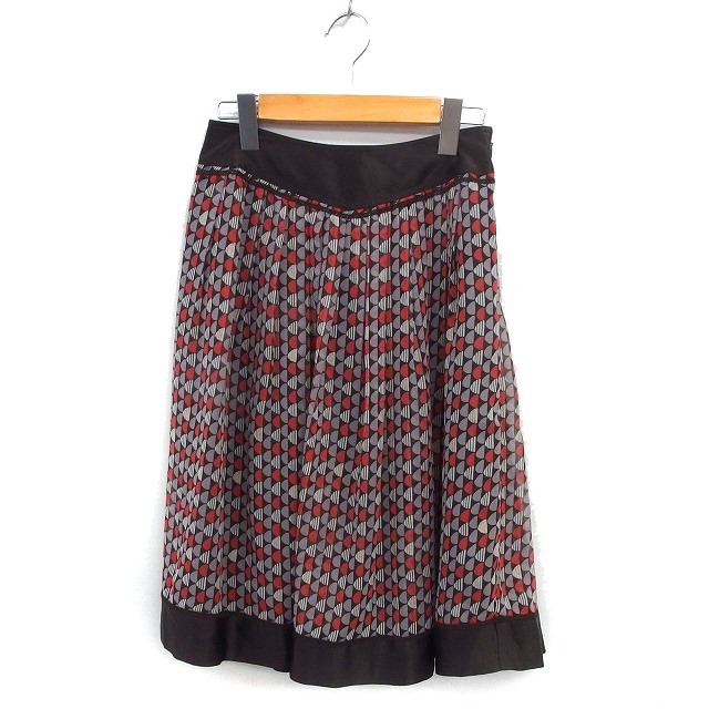 エル ELLE シルク プリーツ フレア スカート ロング 総柄 サイドジップ 36 茶 ブラウン /NT4 レディース拍卖