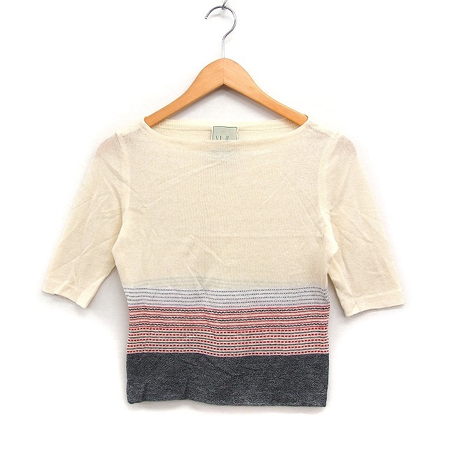 シビラ SYBILLA 柄編み ニット セーター 5分袖 ボートネック コットン 綿 40 ライトベージュ /FT3 レディース拍卖