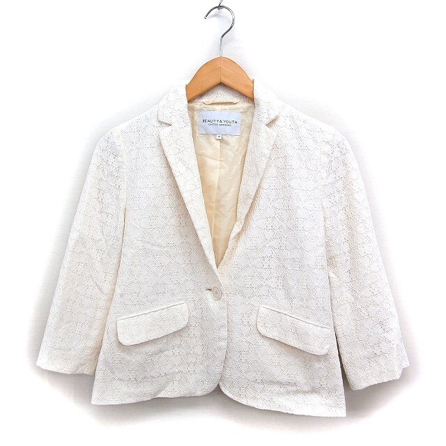 B&Y ユナイテッドアローズ BEAUTY&YOUTH ビューティー&ユース レース テーラードジャケット シングル 7分袖 綿 M 白 /FT1 レディース拍卖
