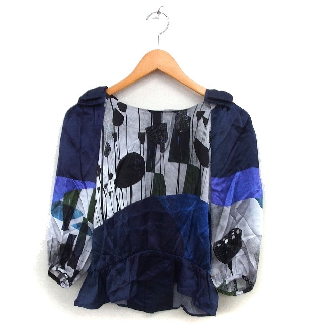 センソユニコ Senso unico シルク バックボタン シャツ ブラウス リボン プリント 七分袖 40 紺 ネイビー /NT21 レディース拍卖