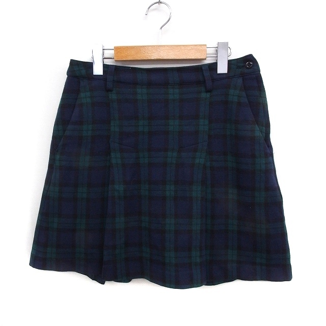 ビームス BEAMS GOLF チェック柄 ボックスプリーツ スカート ミニ ウール混 M グリーン 緑 ネイビー 紺 /FT2 レディース拍卖