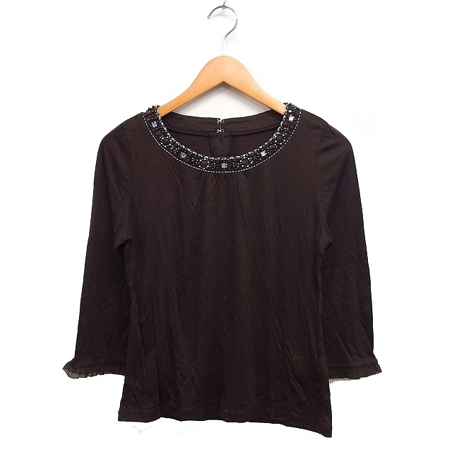 クレージュ courreges ビジュー付き 7分袖 カットソー 袖口フリル 40 ブラウン 茶 /FT44 レディース拍卖