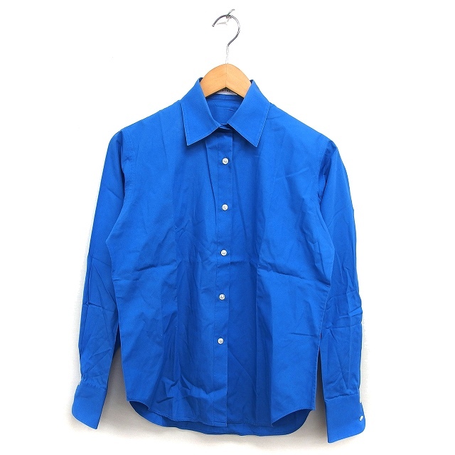 バーニーズニューヨーク BARNEYS NEW YORK ステンカラー ラウンドヘム シャツ ブラウス コットン 綿 無地 長袖 M 青 ブルー拍卖