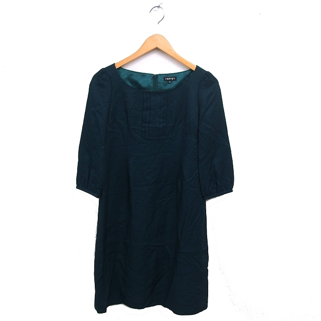 インディヴィ INDIVI フレア ワンピース ひざ丈 ピンタック ボートネック バックジップ 36 七分袖 ディープグリーン /NT18 レディース拍卖