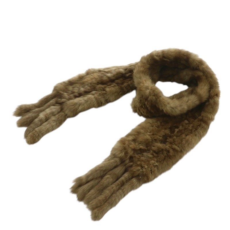 ノーブランド ティペット マフラー ファー 毛皮 ラビット フリンジ 茶色 ブラウン /XZ ■GY18 レディース拍卖