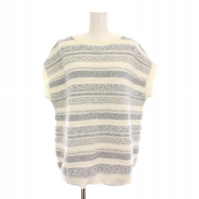 ダーマコレクション dama collection ニット ノースリーブ セーター ボーダー スパンコール LL 白 グレー 12961-06117 /YM レディース拍卖