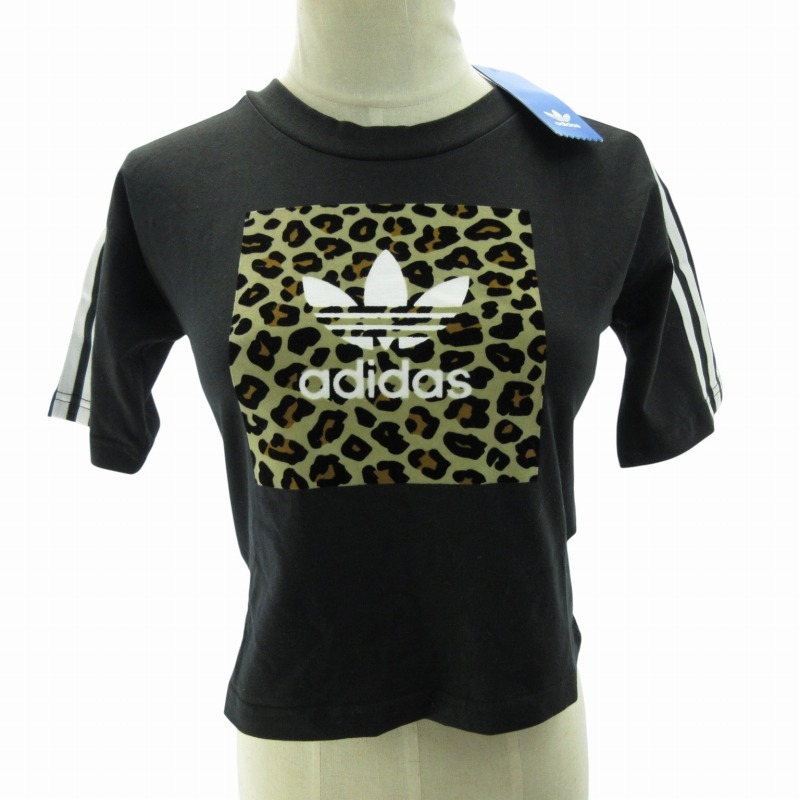 未使用品 アディダス adidas ×アトモス タグ付 Tシャツ ショート丈 ロゴ レオパード柄 黒 ブラック XS GT5222 レディース拍卖