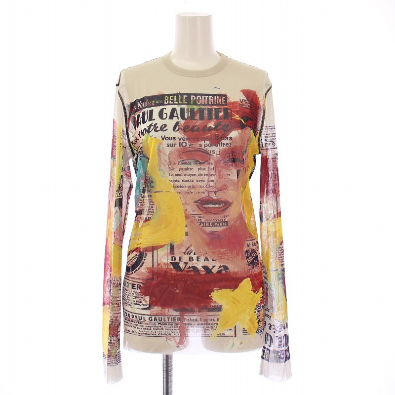 ジャンポールゴルチエ HOMME 90's パワーネット カットソー 長袖 シアー シースルー クルーネック ストレッチ 総柄 48 マルチカラー拍卖