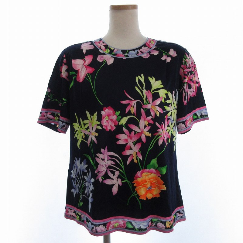 レオナール LEONARD フラワープリント カットソー 花柄 半袖 タック 紺 ネイビー系 L ■ECT レディース拍卖