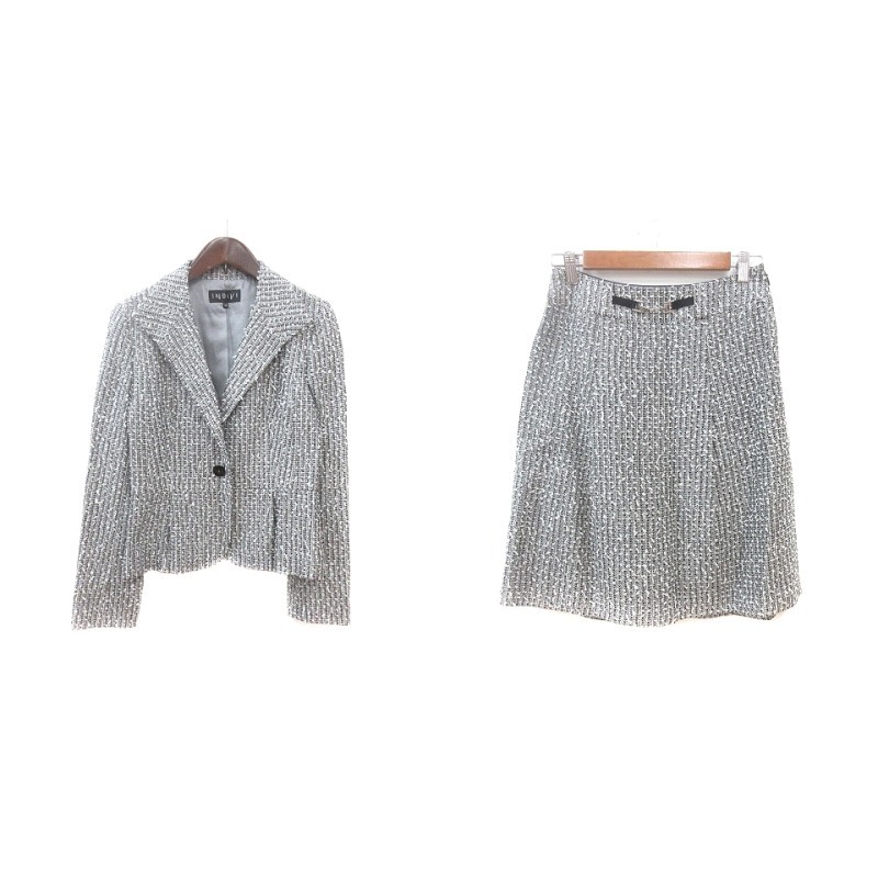 インディヴィ INDIVI セットアップ 上下 ジャケット トライアングルカラー 総裏地 ツイード ラメ フレアスカート ひざ丈 38 M グレー拍卖