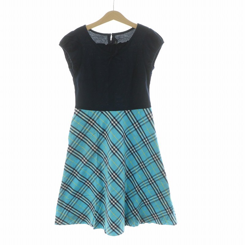 バーバリー ロンドン フレアワンピース 子供服 ジュニア 膝丈 半袖 チェック 140A ネイビー ライトブルー BM154-460-24拍卖