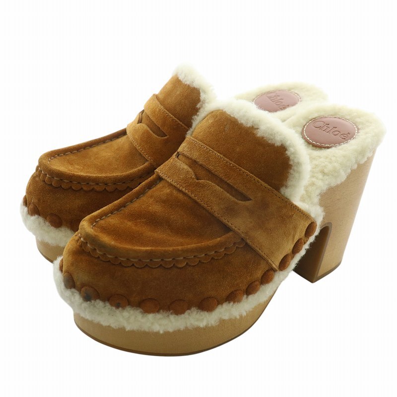 クロエ CHLOE クロッグ CLOGS サンダル ミュール スエード ムートン ボア 厚底 チャンキーヒール 36 23cm 茶色 ブラウン拍卖