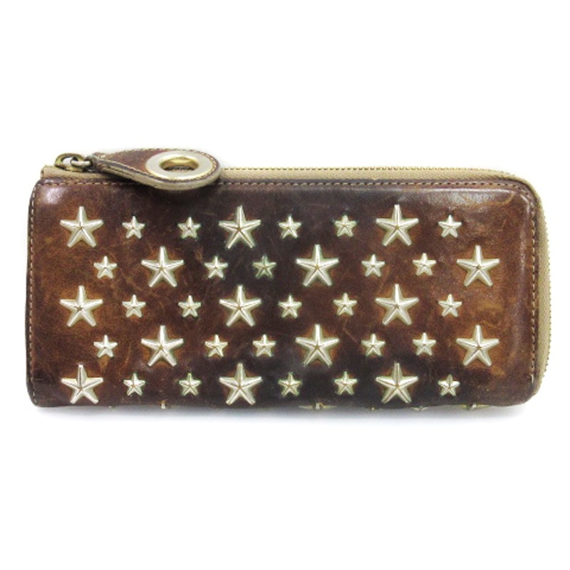 ジミーチュウ JIMMY CHOO スタースタッズ 長財布 L字ファスナー レザー ブラウン ■GY99 メンズ拍卖