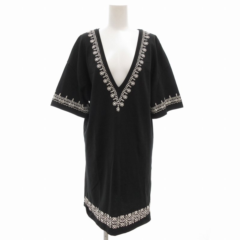ザラ ZARA チュニック カットソー 半袖 Vネック 刺繍 M 黒 ブラック /GV ■GY45 レディース拍卖