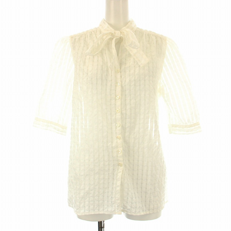 アニエスベー agnes b. シャツ ブラウス 半袖 チェック柄 リボンタイ 36 白 ホワイト L653CZ63 E20 /OR レディース拍卖