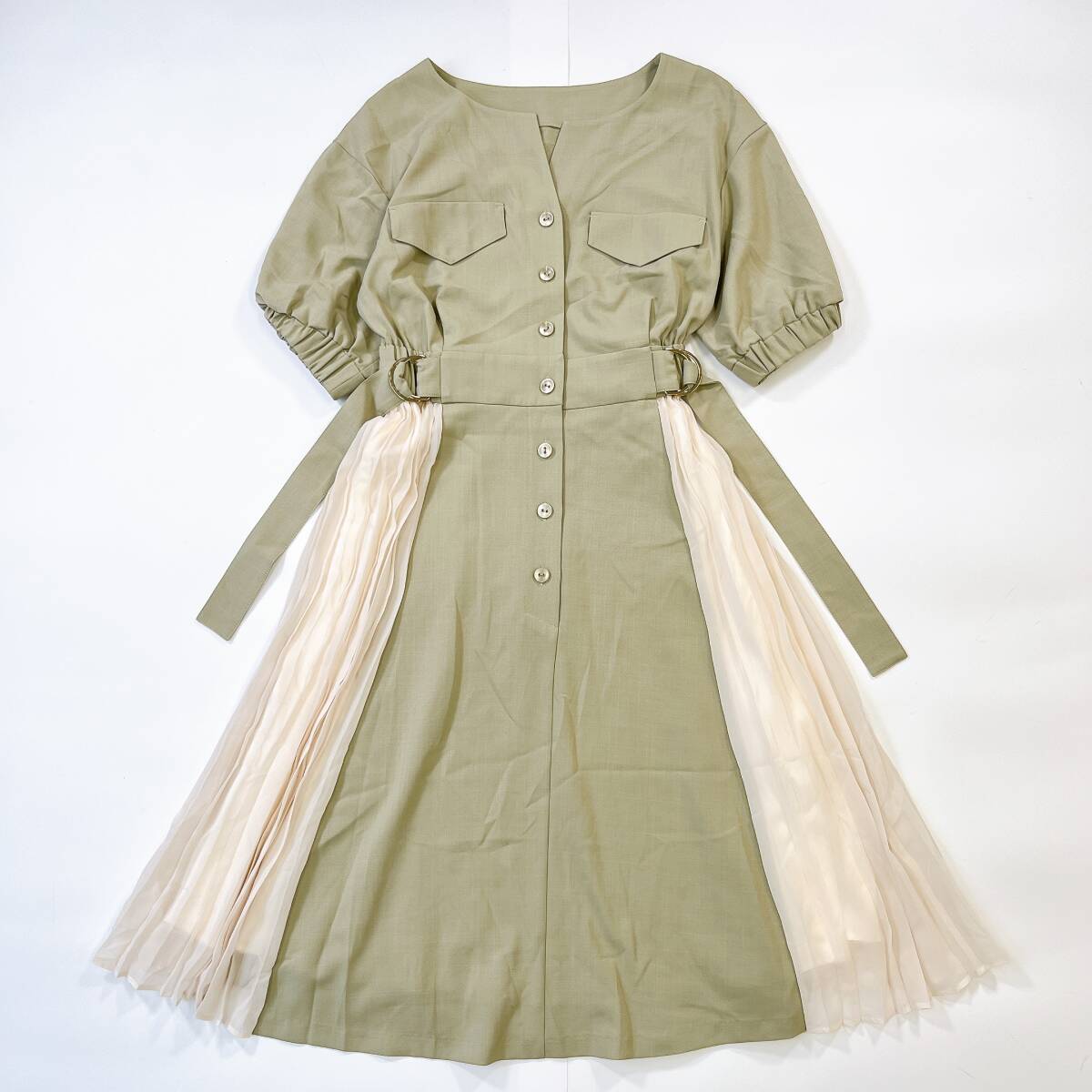 JILLSTUART サイドプリーツ ロングワンピース 半袖 白×グリーン系 S ウエストベルト 可愛い フェミニン 春夏 ジルスチュアート〇1186y拍卖