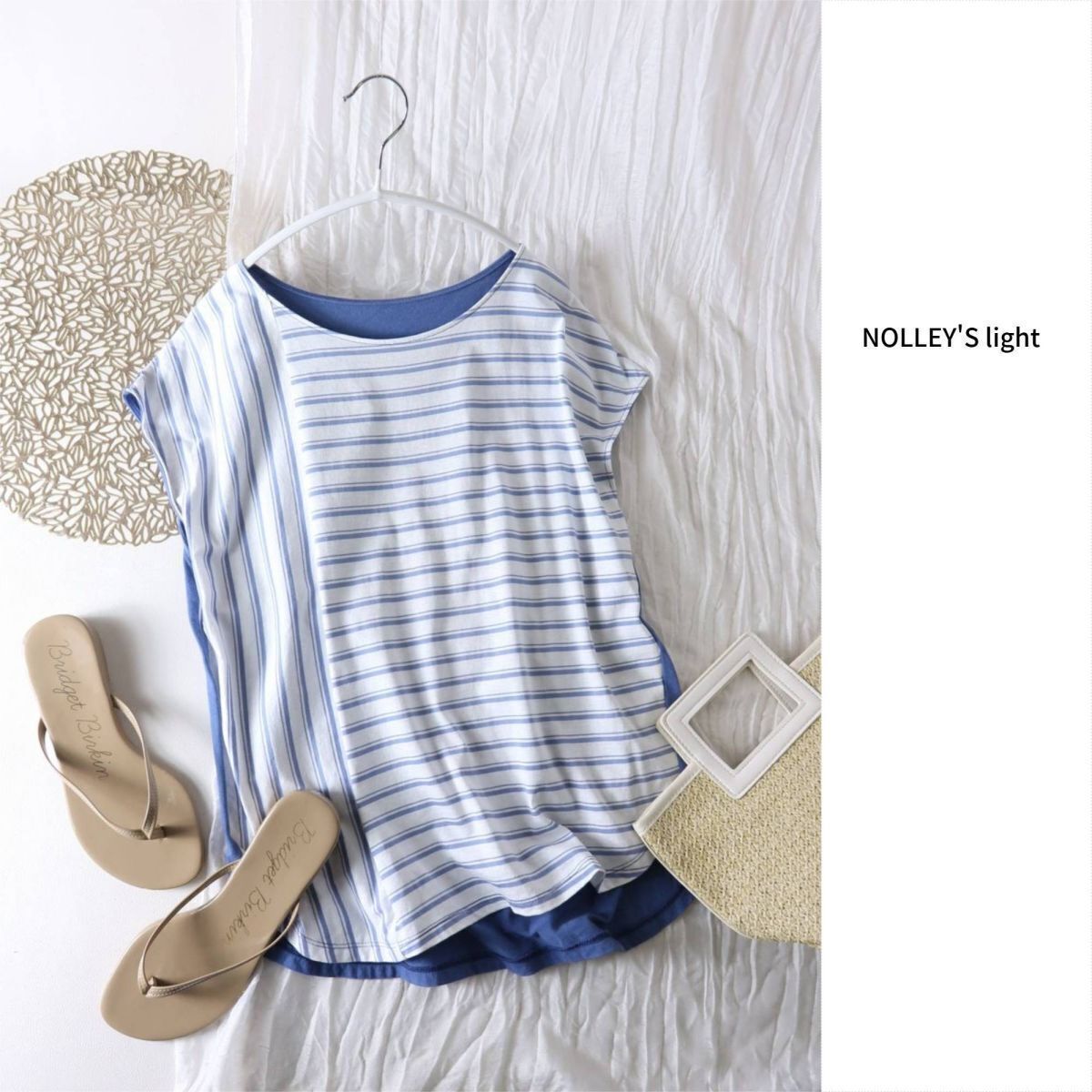 ノーリーズ NOLLEYS☆洗える 綿100% フレンチスリーブ ボーダー切替トップス 日本製☆M-B 3839拍卖