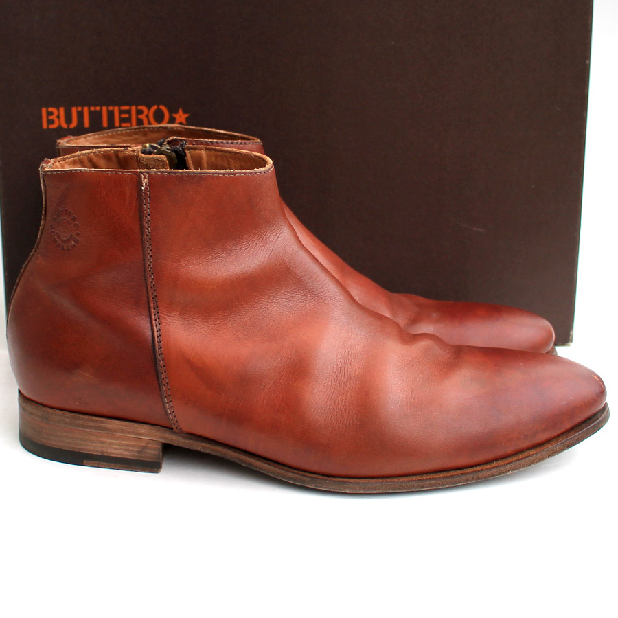 イタリア製☆BUTTERO ブッテロ☆サイドジップブーツ 43=29 ショートブーツ ブラウン レザー メンズ 大きい ブラウン hh p i-1542拍卖