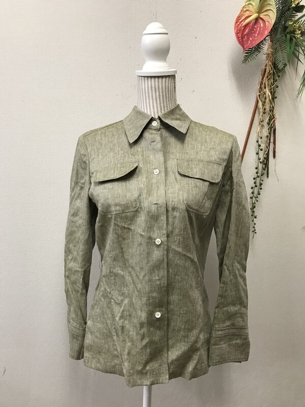 4369 レディース 【DAKS】 シャツ 長袖 麻100% サイズ:38 色:モスグリーン柄入り拍卖