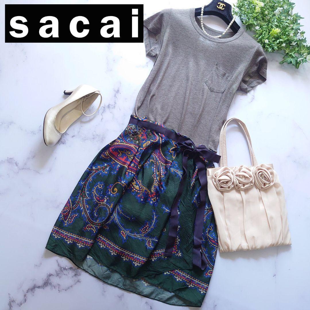 Sacai サカイ ペイズリー スカーフ Tシャツ ドレス ワンピース 半袖 グレー フレア Aライン リボン ラップスカート 巻きスカート 膝丈 1 S拍卖