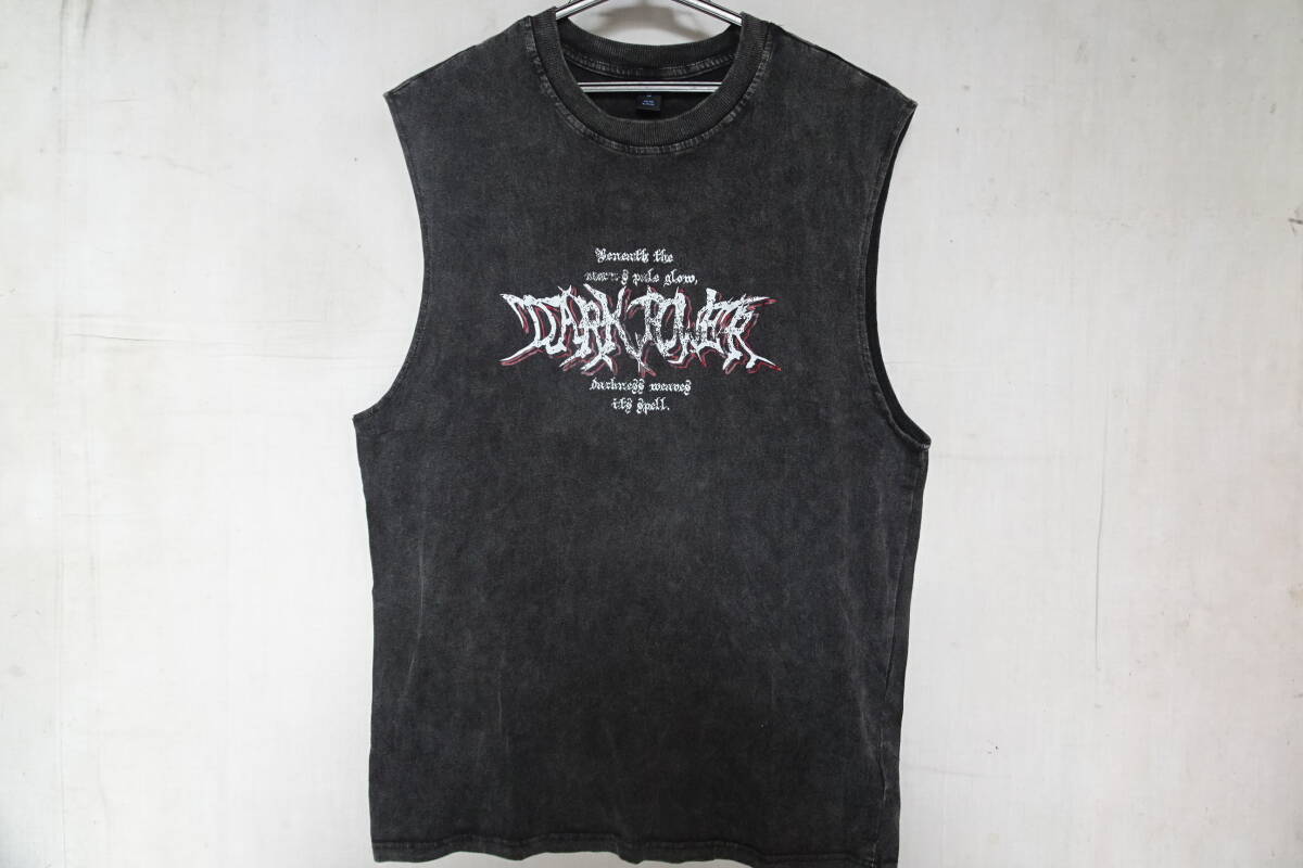 ROMWE/ロムウェ/ノースリーブTシャツ/スリーブレス/袖なし/クルーネック/前後プリント/黒/ブラック/Sサイズ(8/5R7)拍卖