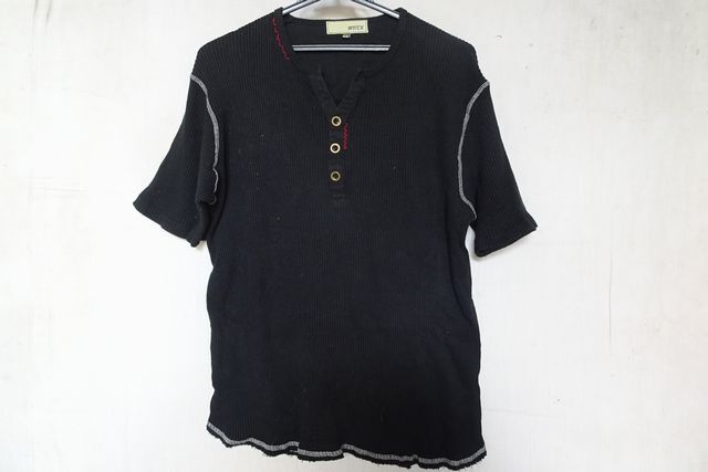 MOTEX/半袖Tシャツ/カットソー/ワッフル素材/ヘンリーネック/裾カットオフ/白ミシン糸ステッチ/黒/ブラック/LLサイズ(8/20R7)拍卖
