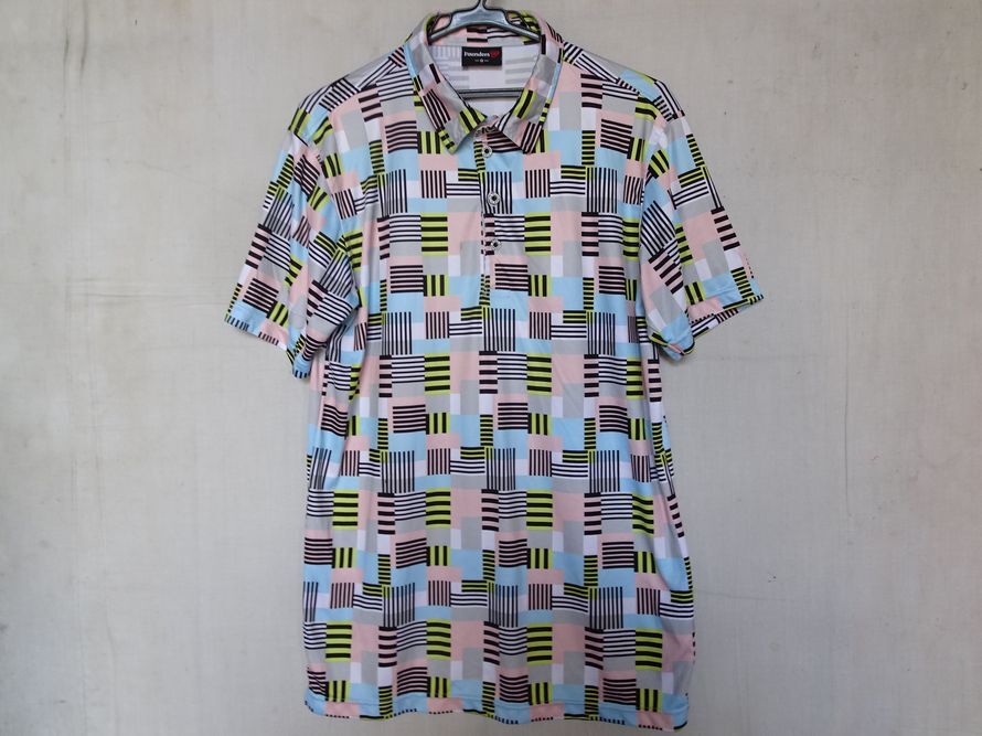 Founders/ファンダース/襟付半袖シャツ/ポロシャツ/ゴルフウェア/総柄/四角形/縞柄/裾サイドスリット/パステルカラー/Oサイズ(8/1R7)拍卖