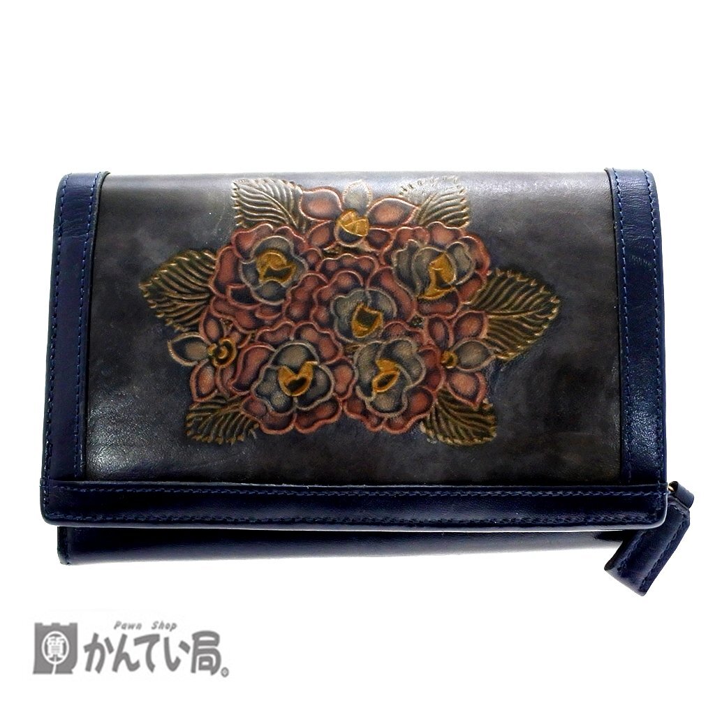 折りたたみ財布 レザー コンパクト 長財布 花柄 シンプル コインケース 小銭入れ 御札入れ ウォレット ネイビー 紺色 クリックポスト発送拍卖