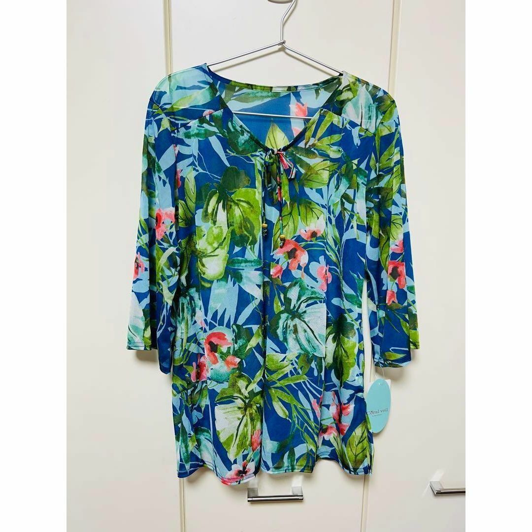 新品 コーラルベール 三愛水着 ボタニカル柄 チュニック 水着 ブルー拍卖
