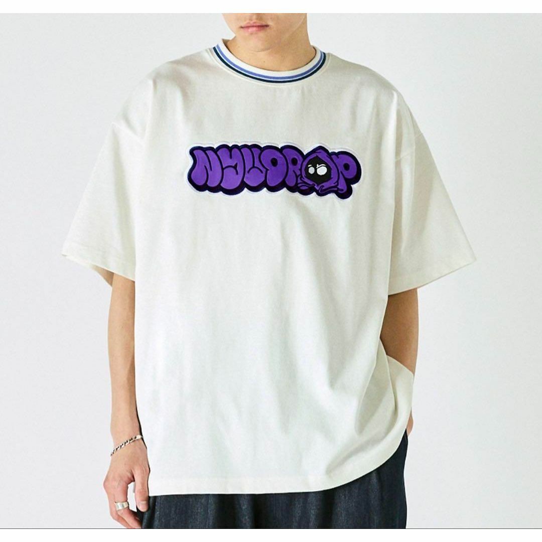 新品 NYUDROP ラフィックロゴ刺繍 ラインリブTシャツ ホワイト L拍卖