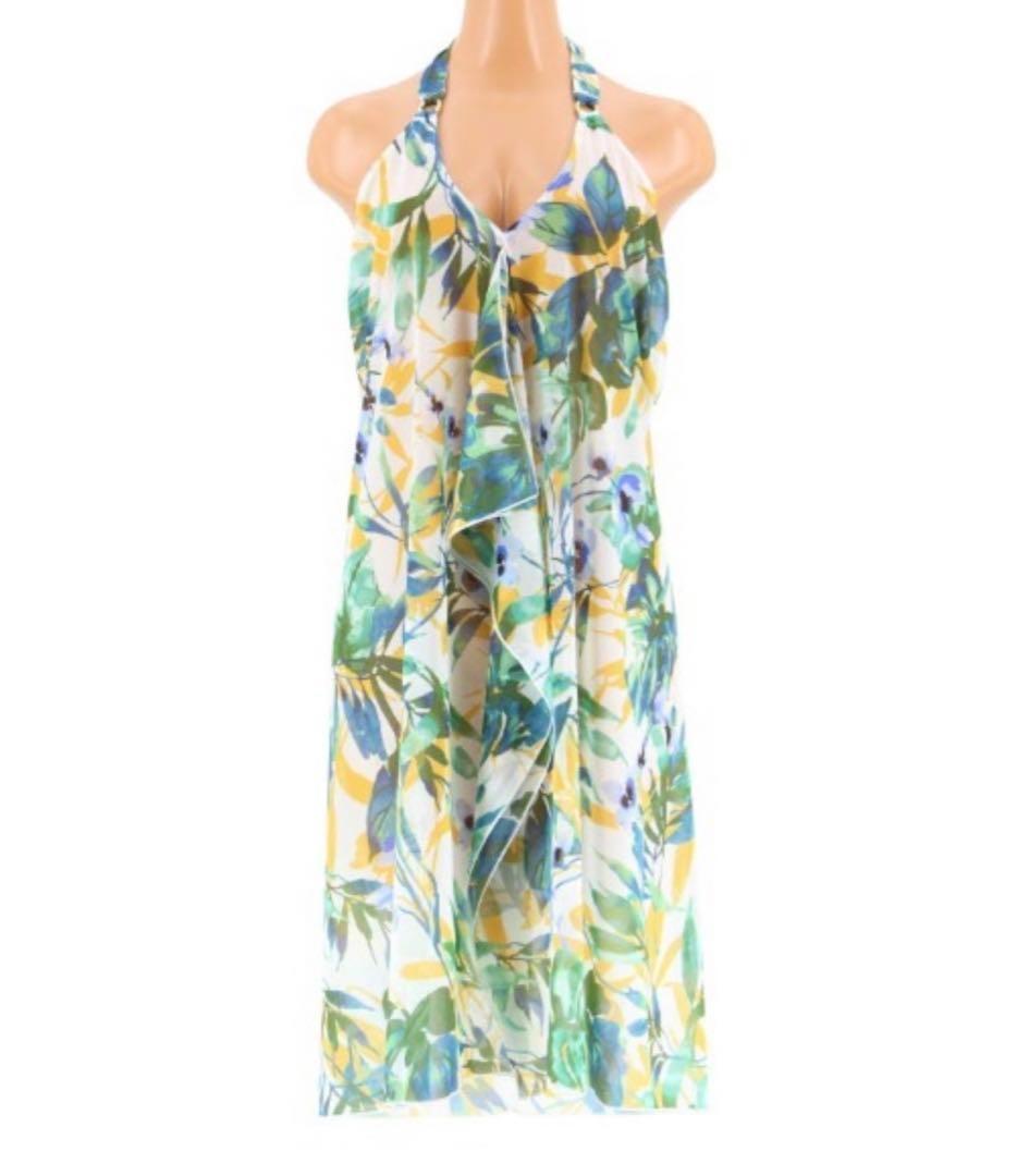 新品 コーラルベール 三愛水着 ボタニカル柄 パレオワンピース 水着 ホワイト拍卖