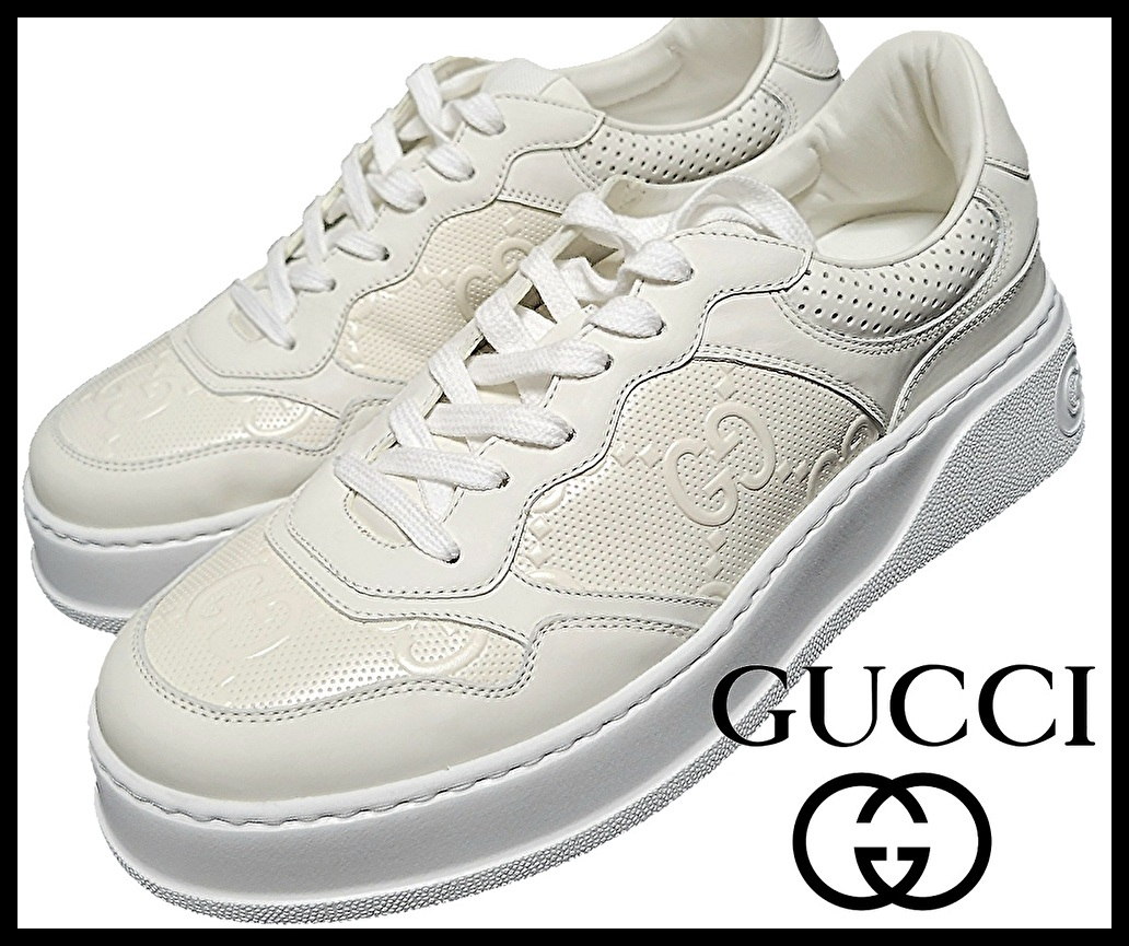 即決 未使用 定価15万円程 GUCCI グッチ GGエンボス加工 レザー 本革 スニーカー ゆうパック送料無料拍卖