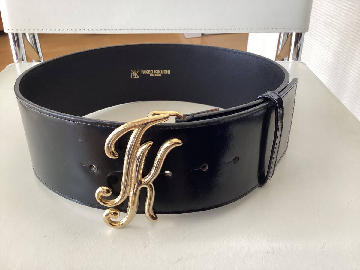 ★美品★TAKEO KIKUCHI 牛革ベルト 70㎜巾 黒拍卖