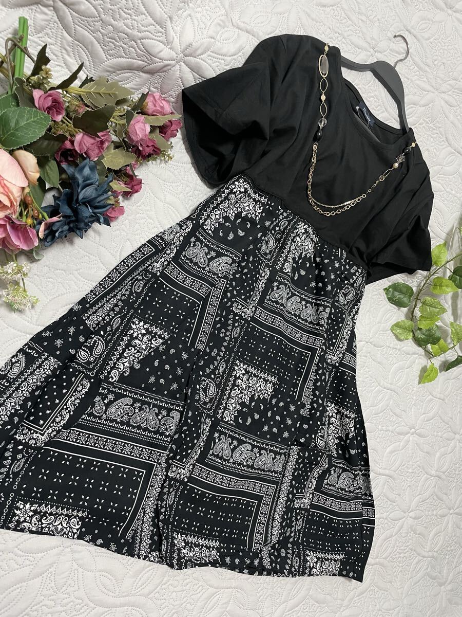 ■(表記3L)~4L・LL■綺麗デザイン*ボックス*バンダナ柄*ストレッチ性*異素材*半袖チュニック*ワンピ■ブラック拍卖