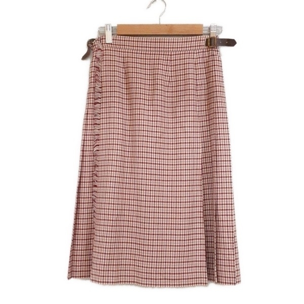 アクアスキュータム Aquascutum 巻きスカート サイズ6F - ボルドー×アイボリー×マルチ レディース ロング/チェック柄/プリーツ 美品拍卖