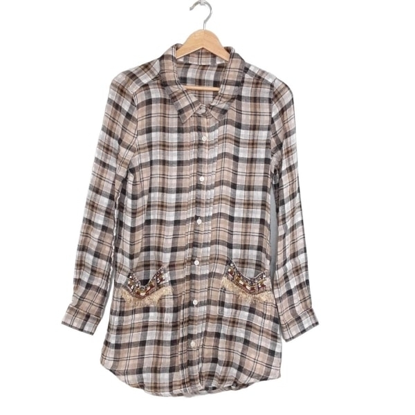 チェスティ Chesty チュニック サイズ0 XS - 白×ダークブラウン×黒 レディース レギュラーカラー/長袖/チェック柄/ビーズ 美品拍卖