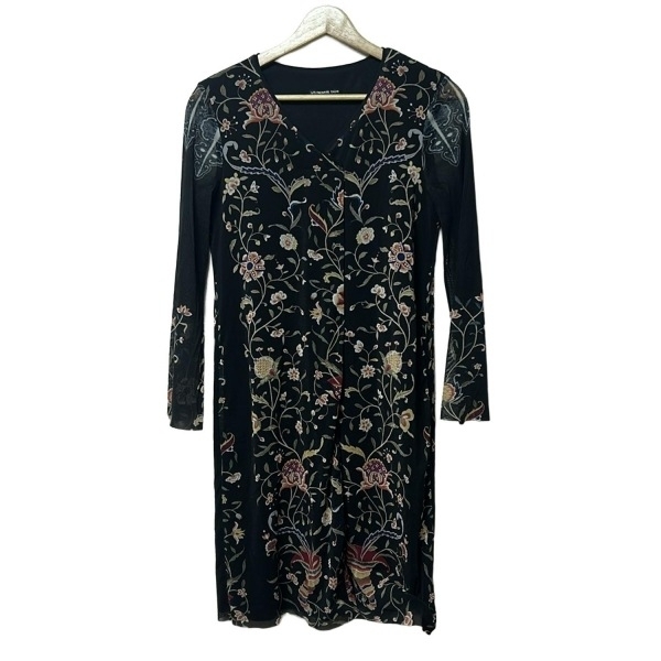 ヴィヴィアンタム VIVIENNE TAM サイズ0 XS - 黒×ダークグリーン×マルチ レディース Vネック/長袖/ひざ丈/花柄 ワンピース拍卖