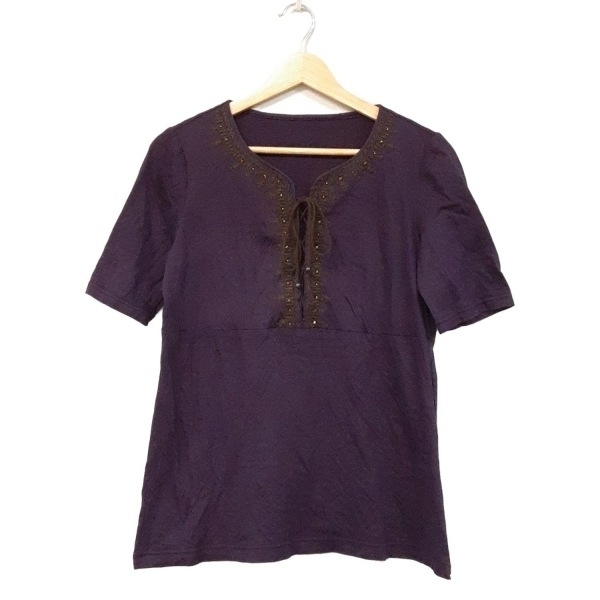 レリアン Leilian 半袖Tシャツ サイズ9 M - パープル×カーキ レディース ラインストーン/リボンネック 美品 トップス拍卖