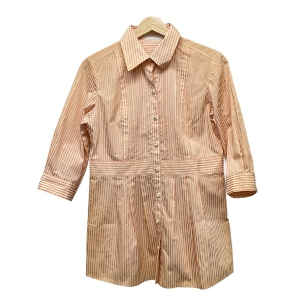 レリアン Leilian 七分袖シャツブラウス サイズ9 M - オレンジ×アイボリー レディース ストライプ/ウエスト切り替え トップス拍卖