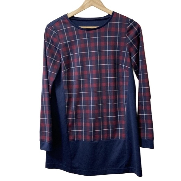 レリアン Leilian 長袖カットソー サイズ9 M - ネイビー×ボルドー×白 レディース クルーネック/チェック柄 トップス拍卖