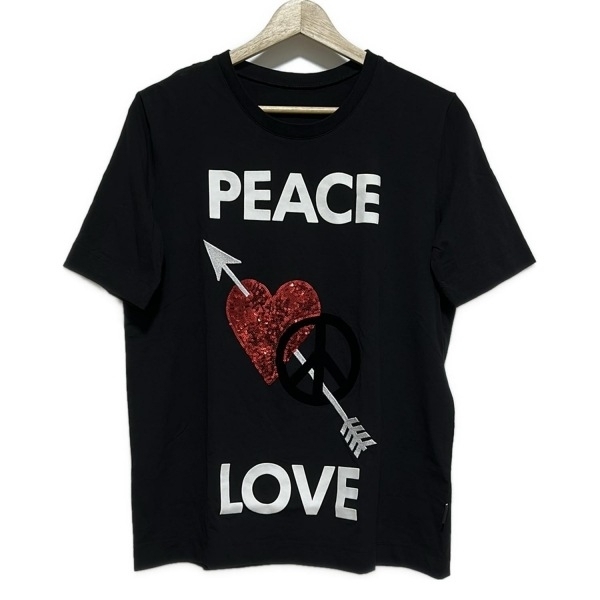 ラブモスキーノ LOVE MOSCHINO 半袖Tシャツ - 黒×白×レッド レディース クルーネック/ハート/スパンコール/刺繍 トップス拍卖