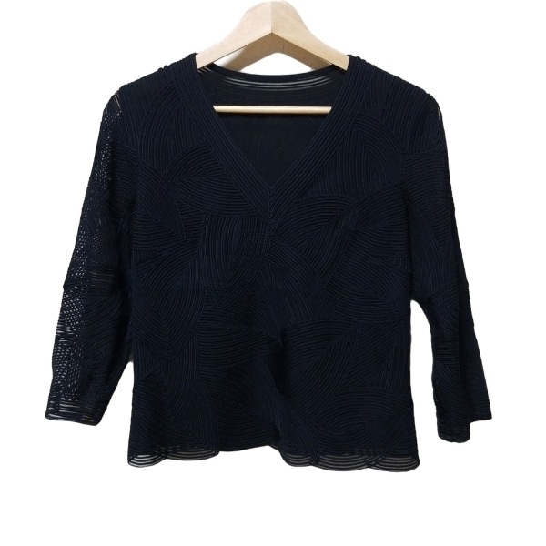 ヨシエイナバ YOSHIE INABA 七分袖カットソー サイズ9 M - 黒 レディース Vネック/シースルー/3Dプリーツ 美品 トップス拍卖